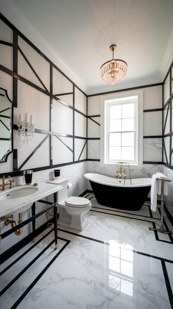 a black and white luxury bathroom with marble flooring and walls. There is a freestanding bathtub in the corner, next to a window. There is a sink with a gold faucet, and a toilet. The room has a chandelier. There are towels on a rack near the bathtub. The walls have a pattern of intersecting white and black stripes.