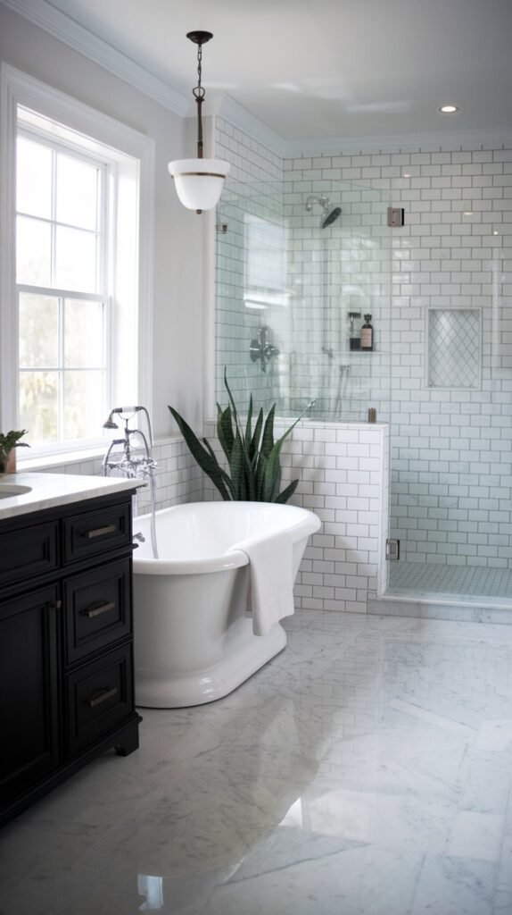 a black and white bathroom with a freestanding bathtub, a double vanity, and a walk-in shower. The bathtub is placed near the window. There is a potted plant near the bathtub. The bathroom has a subway tile wall, a marble floor, and a light fixture hanging above the bathtub.