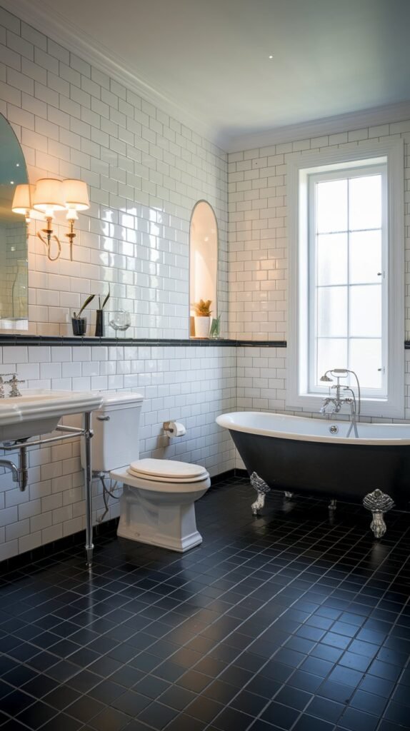 a black and white bathroom with a classic design. There is a freestanding bathtub near a window. There is a toilet and a sink. The floor is made of black and white tiles. The walls are adorned with white tiles. There are two lamps on the wall. The room has a window.