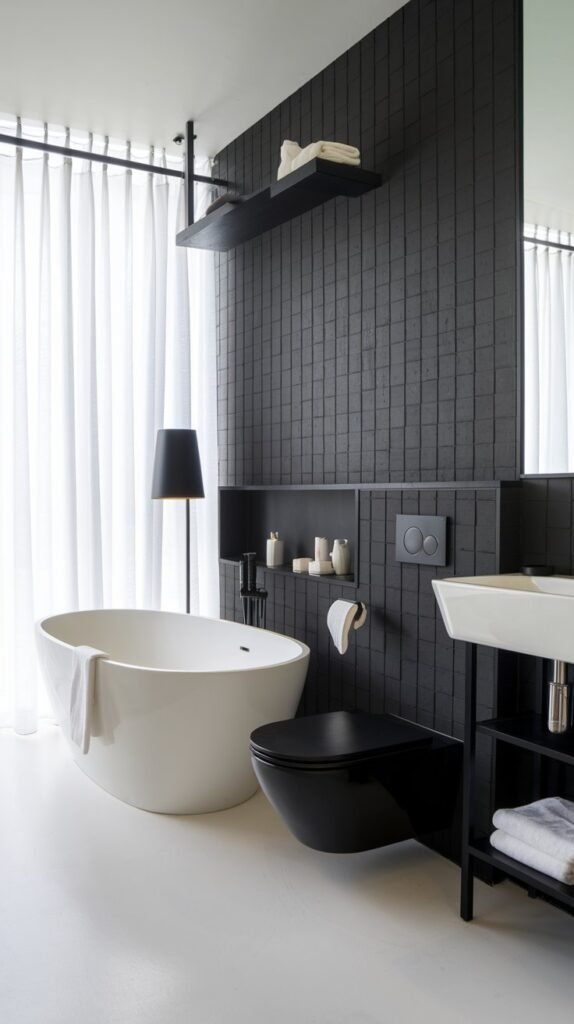 a black and white bathroom with a freestanding bathtub, white sink, and black toilet. There is a black shelf above the toilet. The floor is white. The wall has a black pattern. There is a black lamp near the sink and a white curtain beside the bathtub.