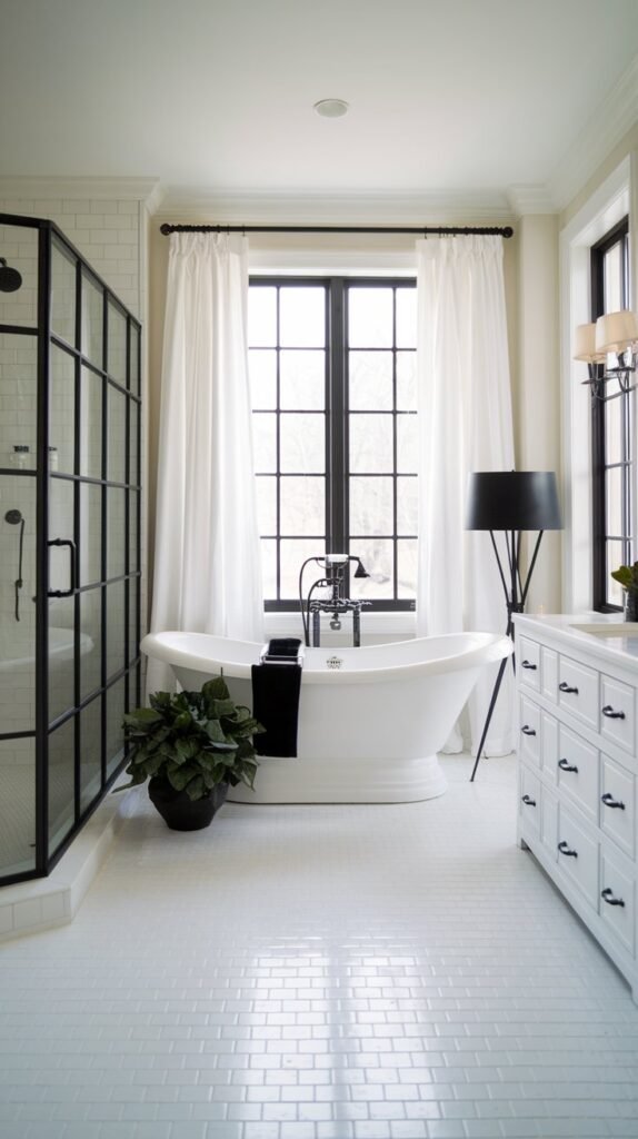 a black and white bathroom with a freestanding bathtub, black fixtures, and a white vanity. There is a large window with white curtains and a black lamp on the floor. The floor is covered with white tiles. There is a plant in a black pot near the bathtub.