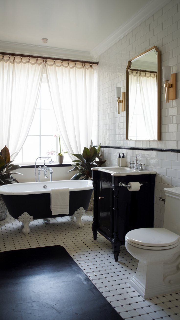 a black and white bathroom with a freestanding bathtub, a sink with a mirror above it, and a toilet. The floor is made of black and white checkered tiles. There are plants near the bathtub. The walls are made of white tiles. The room has a window with white curtains.