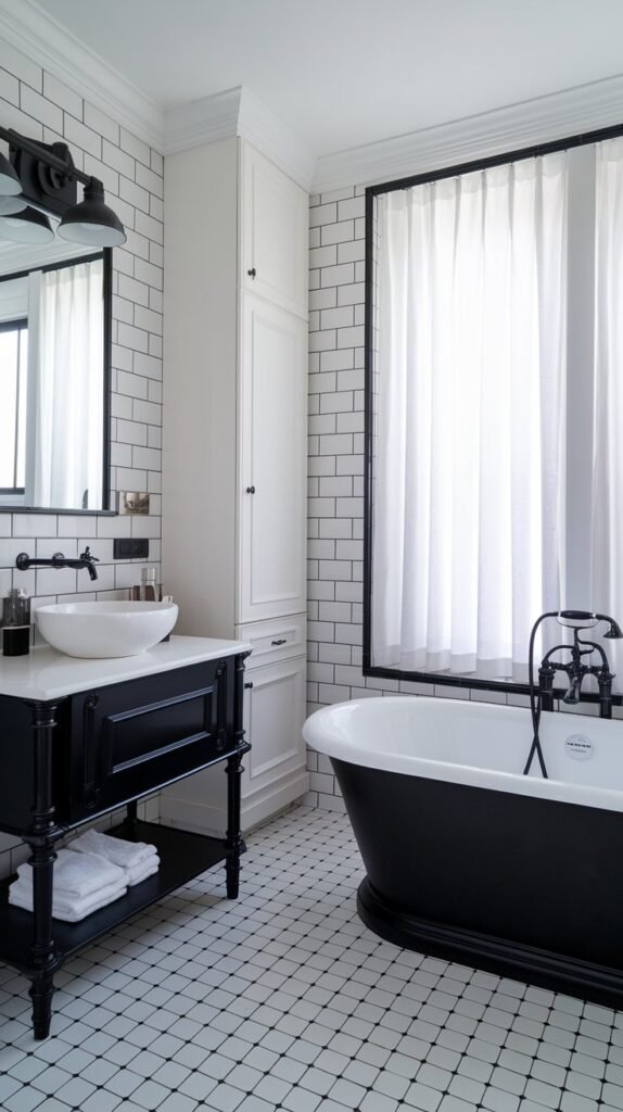 A black and white bathroom with a freestanding bathtub. There's a black vanity with a white countertop, holding a white bowl and a black faucet. Above the vanity, there's a black light fixture. To the left of the vanity, there's a white cabinet. The floor is tiled with black and white squares. The wall opposite the vanity has a white tile pattern. The room has a window with white curtains.