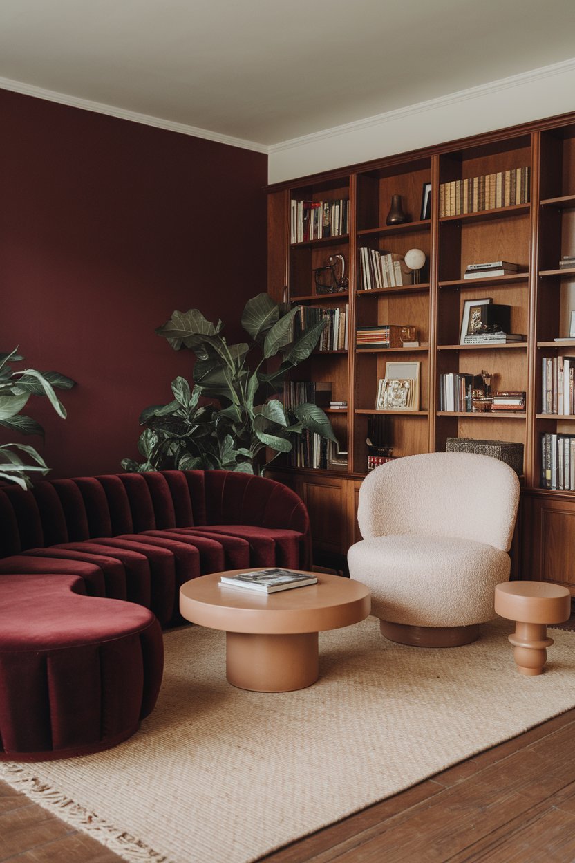 A cozy and elegant living room with a burgundy theme. There's a large, plush burgundy sofa with a beige cushion next to a beige chair. A beige coffee table sits between the sofa and chair. There's a beige rug under the furniture. A burgundy accent wall adds depth to the room. There's a wooden bookshelf filled with books and decor. A potted plant adds a touch of green.