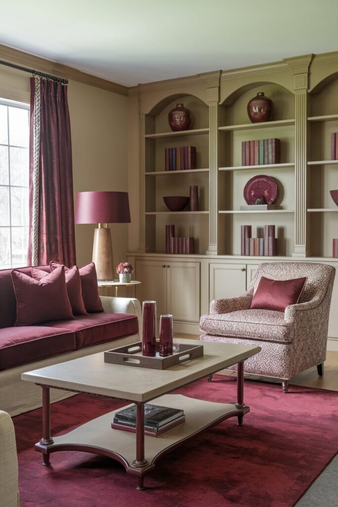 a cozy and elegant living room with a burgundy theme. The room has a large, beige sofa with burgundy pillows and a burgundy area rug. There's a beige armchair with a burgundy pattern. A wooden coffee table with a beige top and burgundy legs is placed in the middle of the room. A burgundy lamp with a wooden base is placed on the beige sofa. A beige bookshelf with burgundy decorations is placed against the wall. The walls are painted beige.