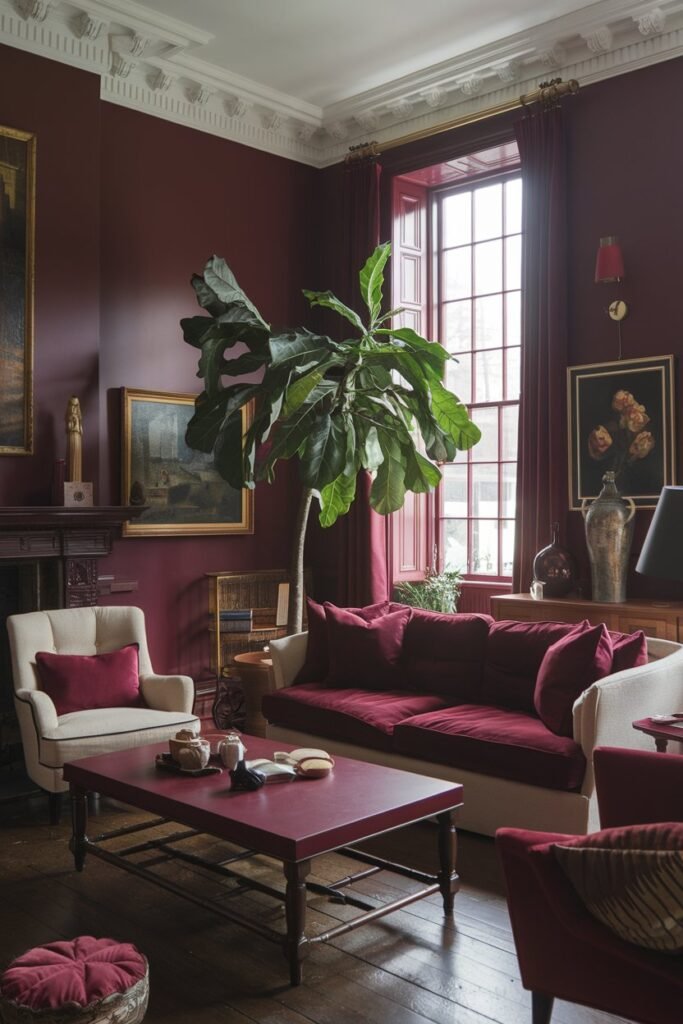 A cozy and elegant living room with a burgundy theme. The walls are painted a deep burgundy color. There's a large beige sofa with burgundy cushions in the middle of the room. A beige chair with a burgundy cushion is placed near the window. A large plant stands in the corner. A wooden coffee table with a burgundy top sits in front of the sofa. The floors are made of dark wood. The room has a few ornaments, including a painting, a vase, and a lamp.