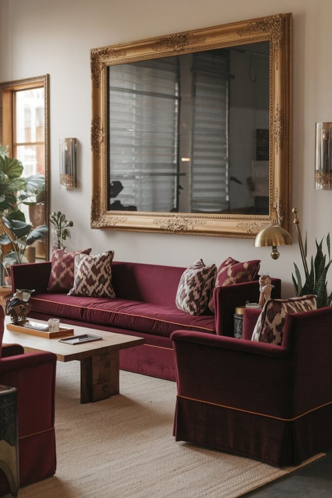 a cozy and elegant living room with a burgundy color scheme. The room has a large burgundy sofa with patterned cushions. There are two matching armchairs near the sofa. A coffee table made of wood sits in front of the sofa. On the wall above the sofa, there is a large, ornate gold frame. The floor is covered with a beige rug. The room has a few decorative items, including a plant and a brass lamp.