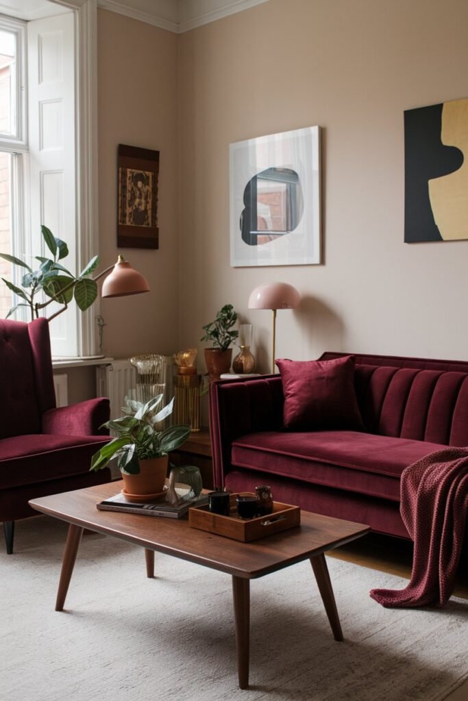 A cozy and elegant living room with a burgundy theme. There's a burgundy velvet sofa with a few throw pillows. A burgundy armchair is placed near the window. A wooden coffee table sits in the middle of the room. A few decorative items, including a potted plant, a lamp, and a wooden box, are placed on the table. The walls are adorned with a few pieces of art. The floor is covered with a light-coloured rug.