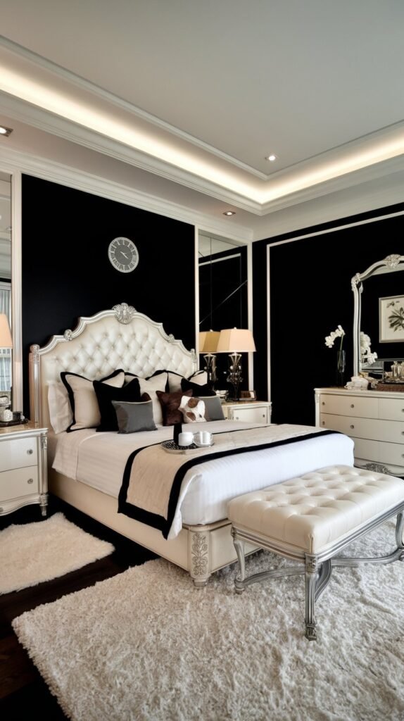 A bedroom with a black accent wall. The bed is positioned against the black wall, with a white headboard that matches the white dresser and nightstand. The room has a plush white rug and a few decorative items, including a lamp, a vase of flowers, and a wall clock. The ceiling has recessed lighting.