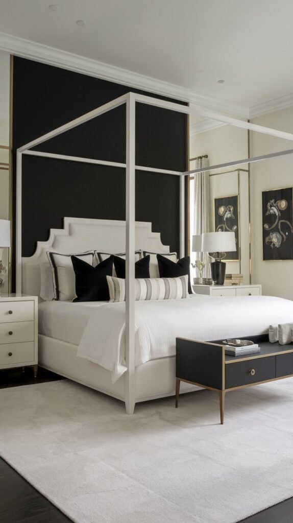 a bedroom with a black accent wall. The bed has a white frame and a black headboard that matches the accent wall. There is a white dresser with a black drawer at the foot of the bed. The room has a white area rug and a few pieces of artwork on the wall. The lighting is soft.
