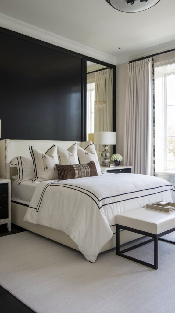 a bedroom with a black accent wall. The room has a large bed with a white duvet and a variety of pillows. There is a white dresser with a black drawer next to the bed. The room has a large window with white curtains. The floor is covered with a white rug. The ceiling has a light fixture.