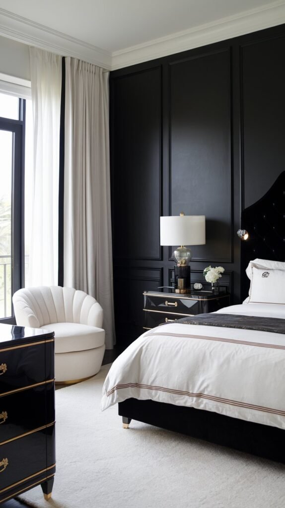A bedroom with a black accent wall. There is a king-size bed with white bedding and a black headboard. The room has a black dresser and nightstand with gold handles. There is a white chair in the corner. A lamp with a gold base and white shade sits on the nightstand. The room has a large window with white curtains. The floor is covered with a white rug.