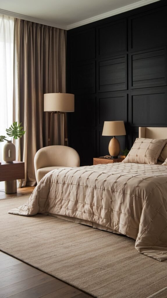 A bedroom with a black accent wall. There's a king-size bed with a beige comforter and two beige pillows. A beige chair is placed near the black accent wall. A beige lamp is placed on the floor near the bed. A beige rug covers the wooden floor. There is a beige curtain near the window. The room has a wooden nightstand with a beige lamp and a beige vase with a green plant.