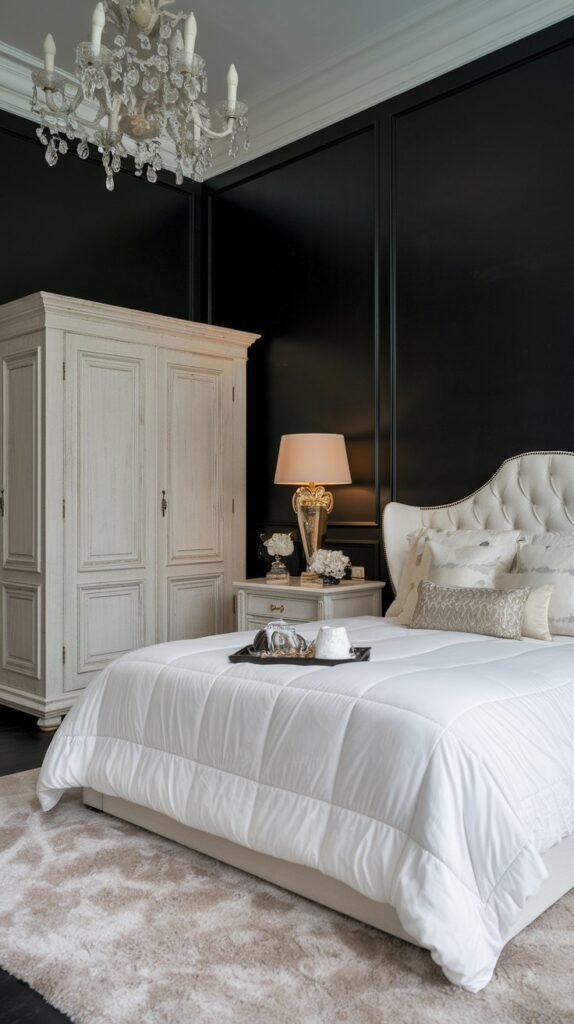 a bedroom with a black accent wall. There's a king-size bed with a white duvet and a few pillows. A white nightstand is placed near the bed, holding a lamp and a decorative item. A plush white rug is placed under the bed. A large, white, wooden wardrobe is placed near the black wall. The room has a chandelier, and the ceiling is high.