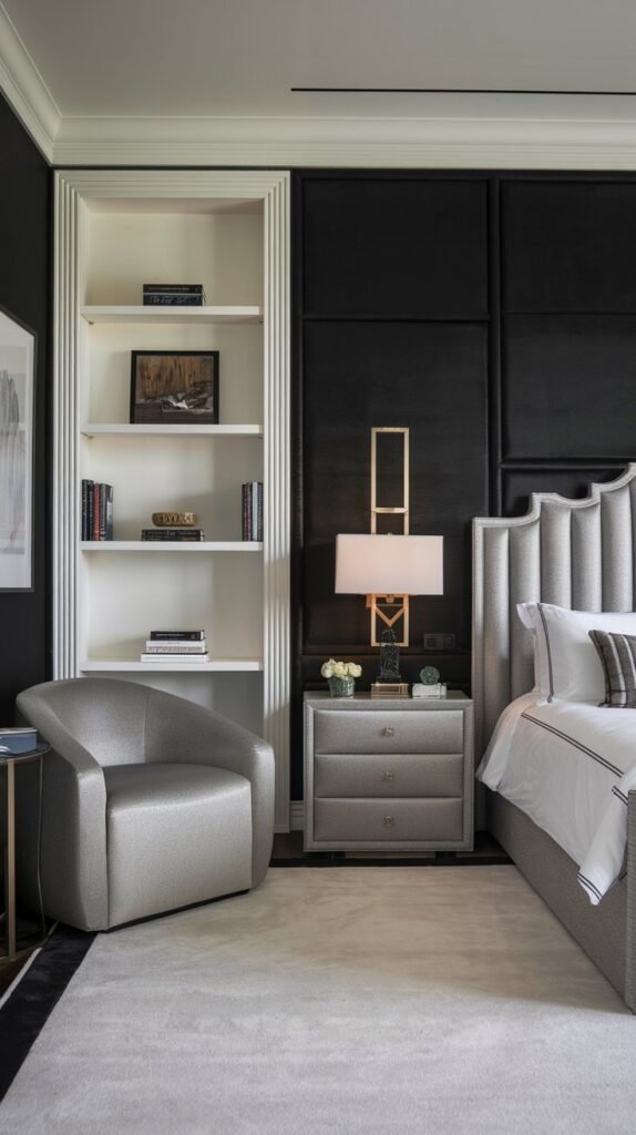 a bedroom with a black accent wall. The room has a king-size bed with a gray headboard. There's a matching gray side table with a lamp beside the bed. A gray chair is placed in the room. A large white bookshelf with a few books is against the black wall. A white rug covers the floor. The lighting is soft.