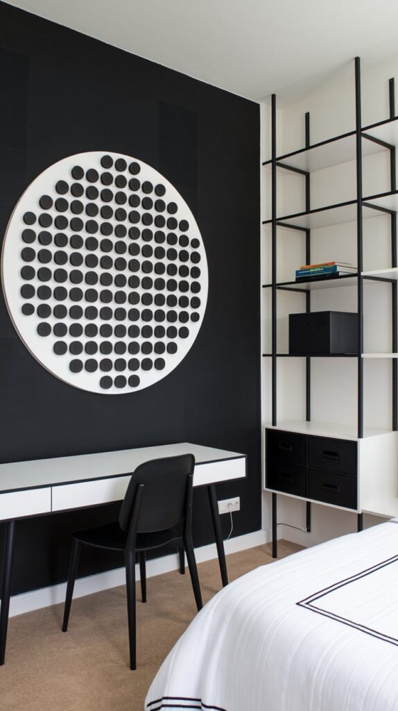 a bedroom with a black accent wall. The wall has a large, white, circular element with a pattern of smaller, black circles. There is a white bed with black accents in the room. The room also contains a white desk with black legs, a black chair, and a white bookshelf with black shelves.