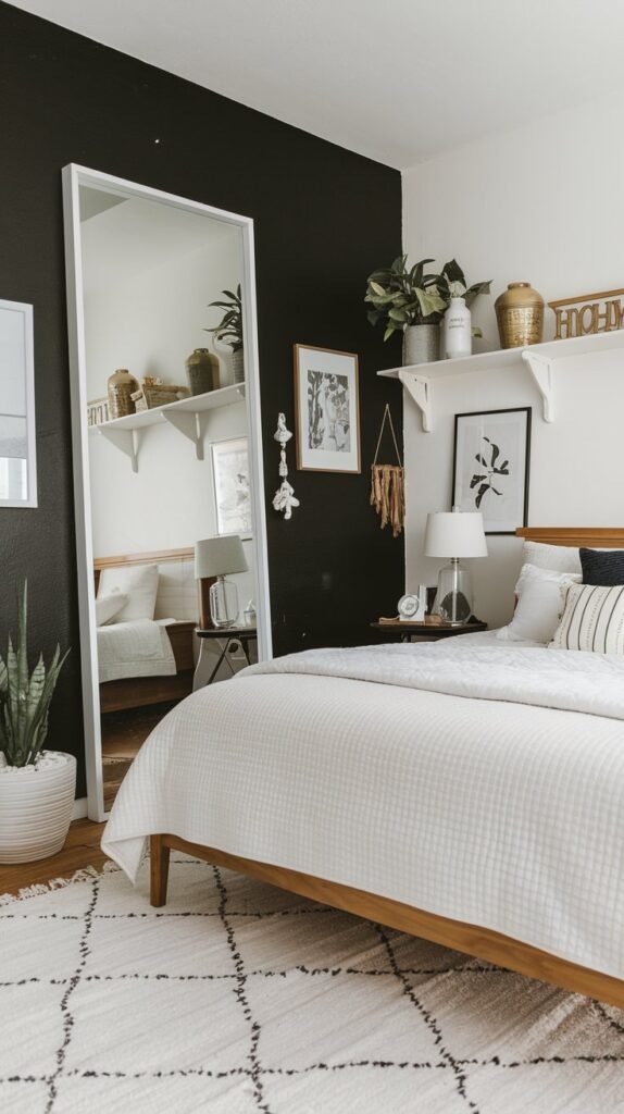 a bedroom with a black accent wall. The wall has a large white frameless mirror, a few decorative items, and a lamp. The room has a white wooden bed with a white quilt and pillows. There's a white shelf above the bed. The floor is covered with a white rug. The room has a few other decorative items, including a planter and a small table.