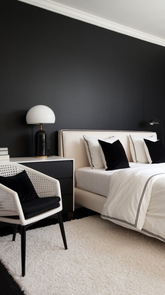 A bedroom with a black accent wall. There is a bed with a white duvet and two black pillows. There is a white dresser with a black drawer. A black lamp is placed on the dresser. A white chair with a black cushion is placed near the bed. The floor is covered with a white rug.