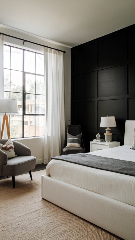A bedroom with a black accent wall. There's a large window with white curtains on the left side, allowing natural light to fill the room. A white bed with a gray throw pillow is placed against the black wall. A white nightstand with a lamp is placed on the right side of the bed. A gray chair with a white lamp is placed near the black wall. The floor is covered with a beige rug.