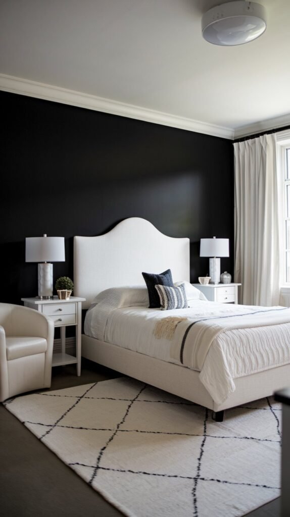 a bedroom with a black accent wall. There's a queen-size bed with a white headboard positioned against the black wall. A white bedside table with a lamp is placed on either side of the bed. A white chair is positioned near the black wall. The floor is covered with a white rug. The room has a window with white curtains. The ceiling has white lighting fixtures.