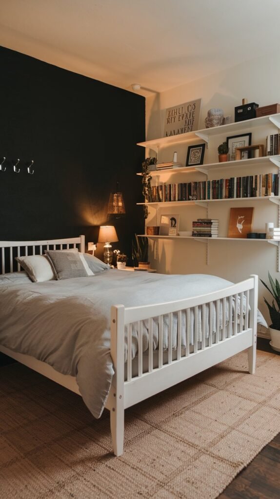a bedroom with a black accent wall. There's a queen-size bed with a white wooden frame and a gray duvet cover. The bed is placed against the black wall. There's a white bookshelf with various books and decorative items on the wall opposite the bed. The floor is covered with a beige rug. The room has a lamp on the bedside table, a plant, and a wall hook for coats. The lighting is warm.