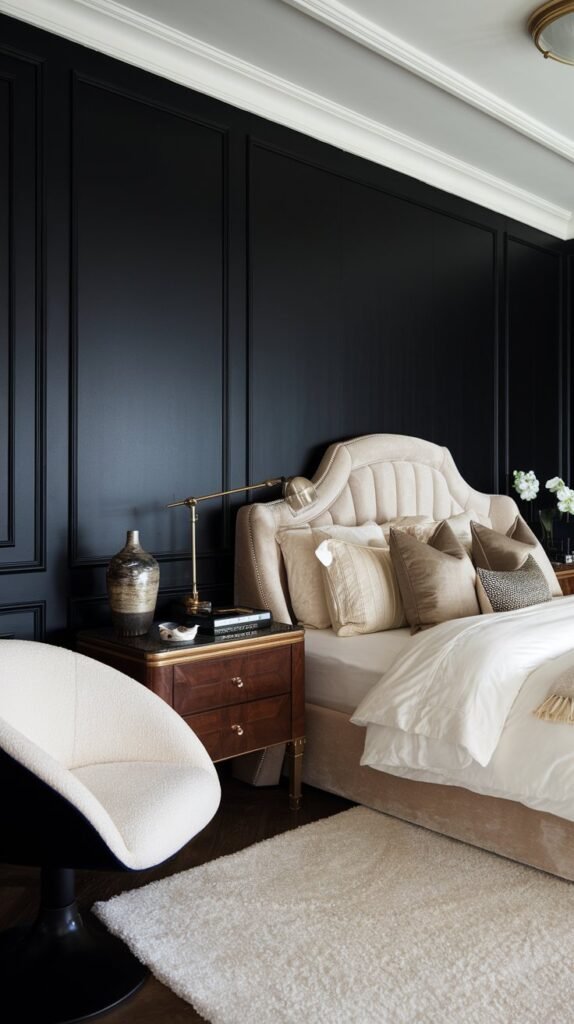 A bedroom with a black accent wall. There's a plush bed with a white duvet and various pillows. A reading lamp sits on a wooden nightstand next to the bed. The nightstand also holds a decorative vase and a book. A white chair with a black base is placed near the black accent wall. The floor is covered with a white rug. The ceiling has a light fixture.