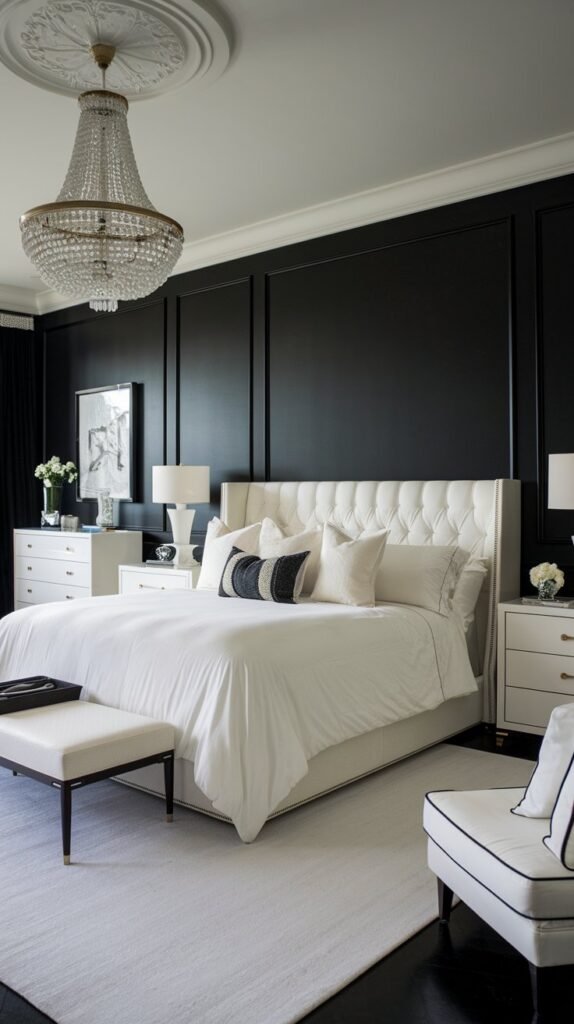 a luxury bedroom with a black accent wall. There is a large king-sized bed with a white duvet and several pillows. A white nightstand is placed beside the bed. A white chandelier hangs from the ceiling. A few white and black furniture pieces, including a dresser and a chair, are placed in the room. The floor is covered with a white rug.
