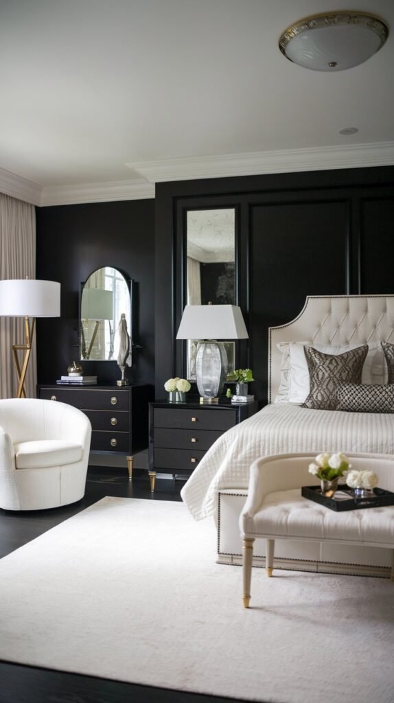a bedroom with a black accent wall. The room has a king-size bed with a white headboard and a few decorative pillows. There's a black dresser with a mirror and a lamp next to the bed. A white chair is placed in the room. The floor is covered with a white rug. There's a floor lamp near the black wall. The ceiling has a light fixture.