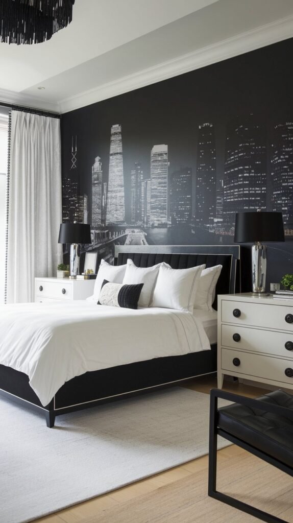 a bedroom with a black accent wall. The wall has a large mural of a city skyline. The room has a king-size bed with a black frame and white bedding. There's a white dresser with black handles and a black lamp. The room has a white area rug and a black chair. The room has a white curtain and a black metal shelf. The ceiling has a black chandelier.