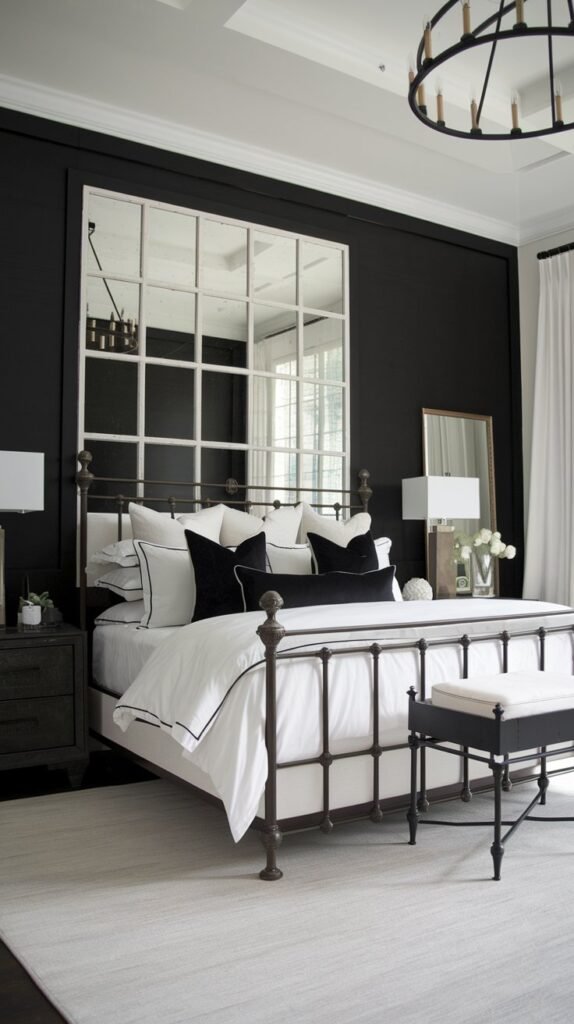 a bedroom with a black accent wall. The wall has a large white frameless mirror. There is a white wooden bed with a black metal frame. The bed has a white duvet and black accent pillows. There is a black wooden nightstand beside the bed. The room has a white lampshade, a black chandelier, and a white rug. The ceiling is high.