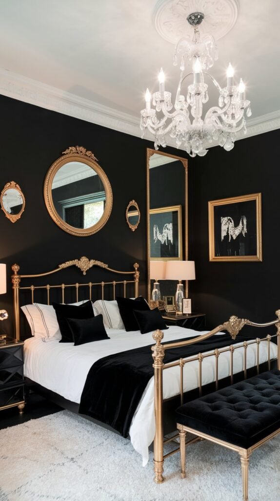 A luxury bedroom with a black accent wall. The black wall is adorned with gold decorative items, including a large mirror, a lamp, and a picture frame. The bed has a gold frame and is dressed with white sheets and black pillows. The room has a white ceiling and is illuminated by a chandelier. The floor is covered with a white rug.