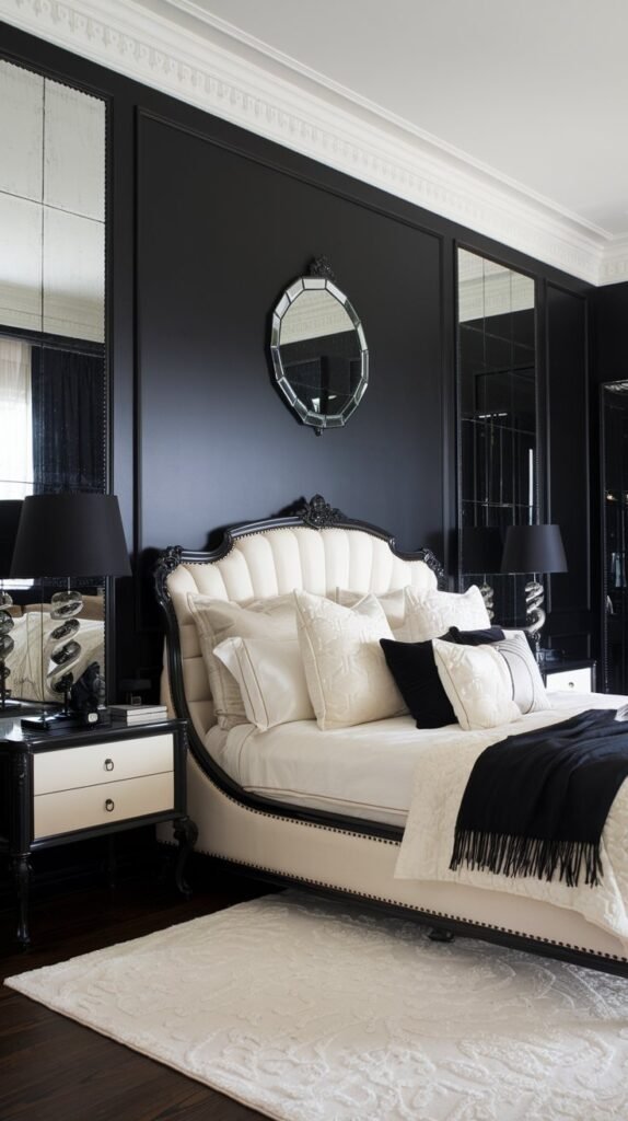 A bedroom with a black accent wall. The wall has a large, decorative mirror attached to it. There's a plush, white bed with a black frame. The bed has a variety of white pillows and a black throw blanket. There's a white nightstand with a black drawer beside the bed. A black lamp with a white shade is on the nightstand. The room has a white area rug. The floor is made of dark wood.