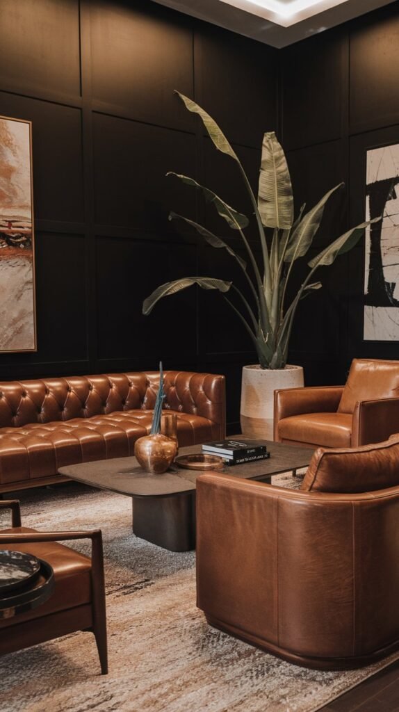 A living room with a black accent wall. There's a brown leather sofa and a few chairs placed in front of the black wall. A coffee table sits in the middle, with a few decorative items on top. A large plant in a white pot is placed near the black wall. The room has a rug and a few pieces of art. The lighting is warm.