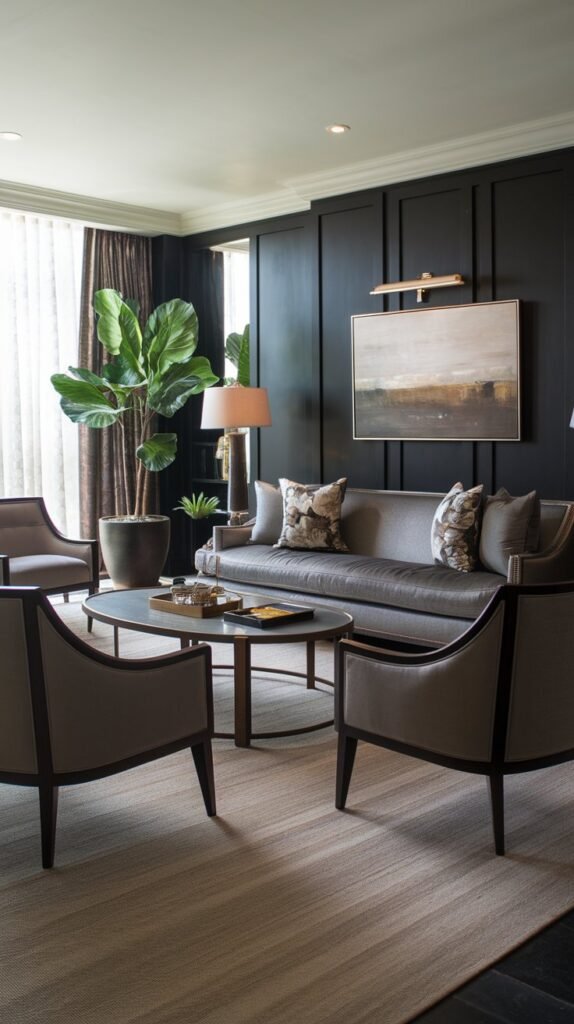 a living room with a black accent wall. The room has a gray sofa and a few chairs. There's a coffee table in the middle. A potted plant is placed near the window. The floor is covered with a beige rug. There's a lamp on the black accent wall and a painting above the sofa.