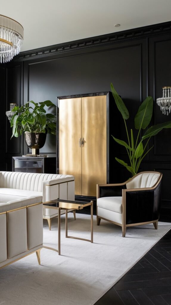 a living room with a black accent wall. There is a large black cabinet with a gold door and a small gold table in front of the cabinet. There is a white sofa with gold legs and a black and gold armchair. A large potted plant is placed on the black cabinet. The floor is covered with a white rug. The room has a chandelier and wall sconces.