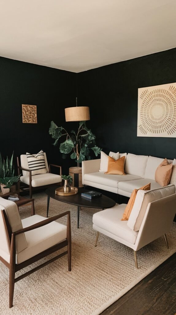 A living room with a black accent wall. The room has a beige sofa, a few chairs, and a coffee table. There's a plant in the corner. A lampshade and a wall decoration with a pattern are on the black wall. The floor is covered with a beige rug.