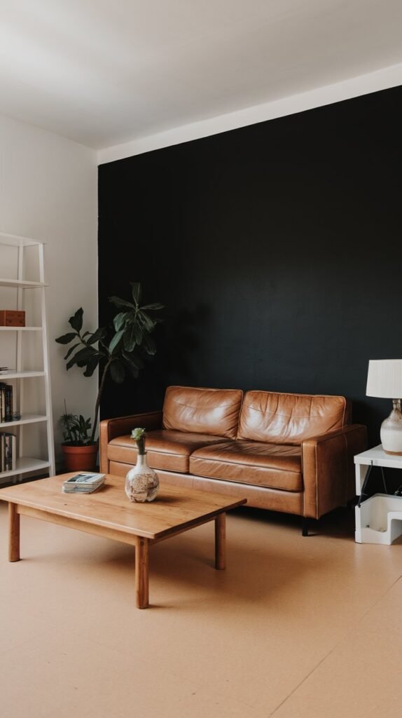 A living room with a black accent wall. There is a brown leather sofa against the black wall. A white bookshelf is placed beside the sofa. A potted plant is placed on the floor. A wooden coffee table sits in the center of the room. A few decorative items, including a lamp and a vase, are placed on the table. The flooring is a light, warm hue.