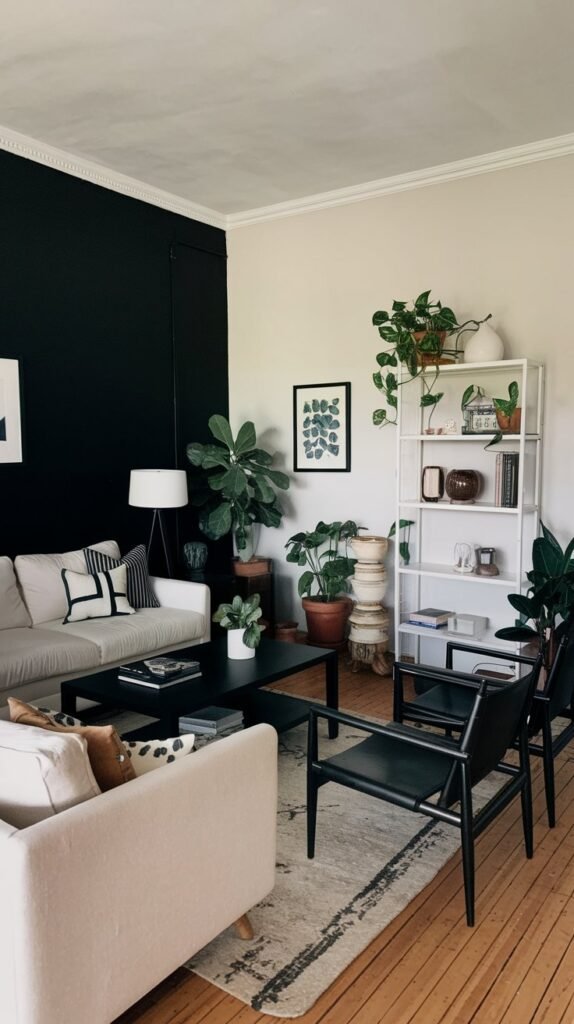 A living room with a black accent wall. There's a white couch, a black coffee table, a white bookshelf, and a few chairs. The room has a few potted plants and a lamp. The floor is wooden.