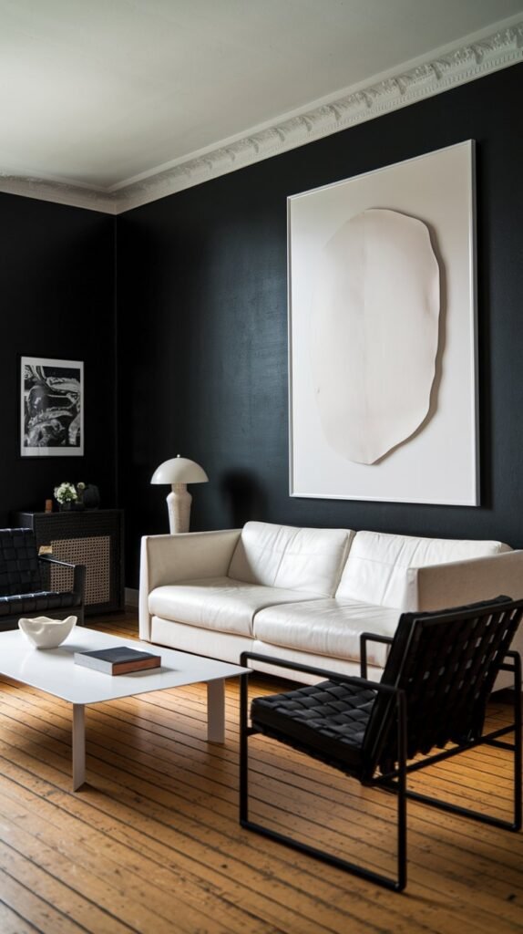 a living room with a black accent wall. The black wall is adorned with a large white artwork. There's a white sofa, a black chair, and a white coffee table in the room. The room has a wooden floor. The lighting is soft.