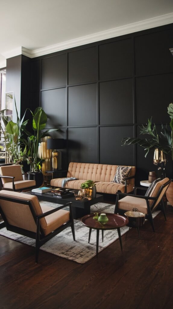 A luxury living room with a black accent wall. There's a mid-century modern sofa with a black frame, a few chairs, and a coffee table. There are also potted plants and a few decorative items. The floor is made of dark hardwood.