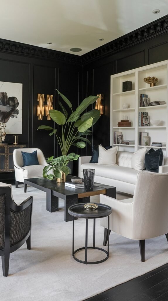 a living room with a black accent wall. The room features a white sofa, a few chairs, a coffee table, and a plant. There's also a white bookshelf with some books and decorative items. The floor is covered with a white rug. The room has a few pieces of art on the wall.