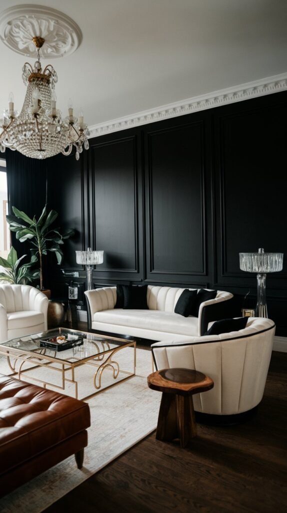 A living room with a black accent wall. There's a white sofa with black pillows and a glass coffee table. There are also a white chair and a wooden side table. The room has a chandelier and a plant. The floor is made of dark wood.