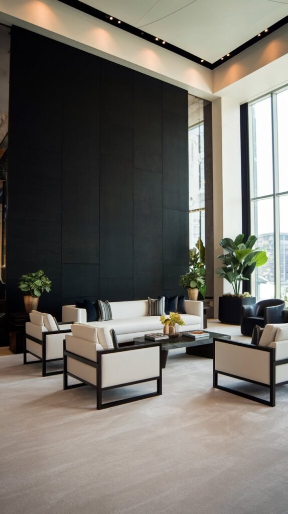 a living room with a black accent wall. The room has a modern design with a large black wall, a white sofa, a few chairs, and a coffee table. There's a potted plant near the window. The floor is covered with a light-colored carpet. The ceiling is high, with recessed lighting.