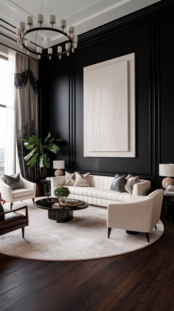 A living room with a black accent wall. The room has a white sofa, a few chairs, a coffee table, and a plant. There is a large, white, round rug in the middle of the room. The black accent wall has a large, white, rectangular art piece. The room has a chandelier and a few decorative items. The floor is made of dark wood.