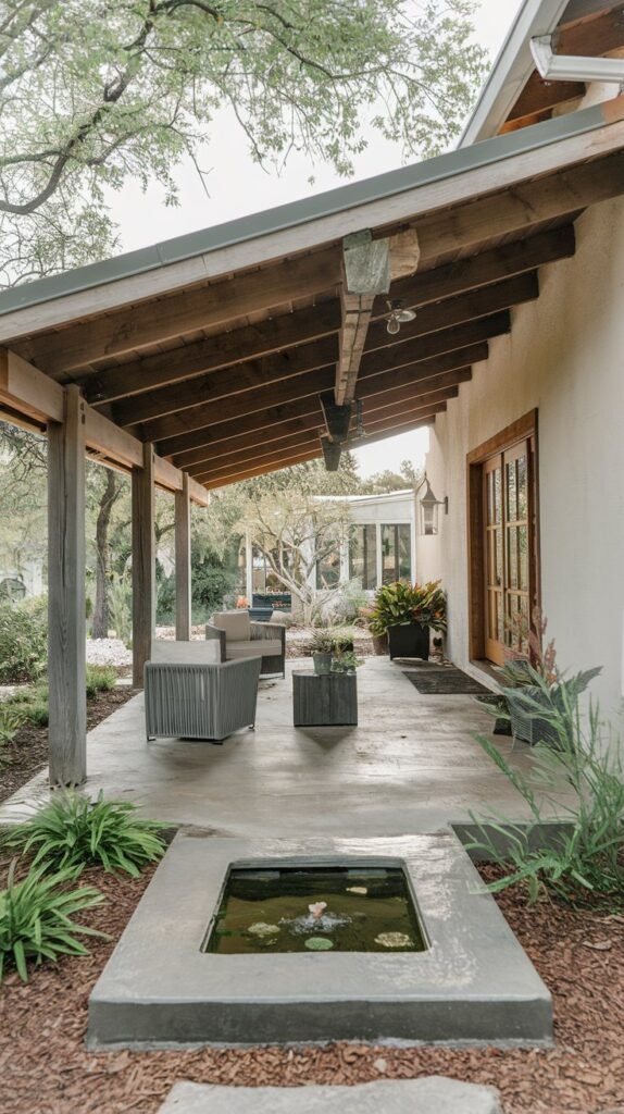 Simple Covered Porch with Pond Feature