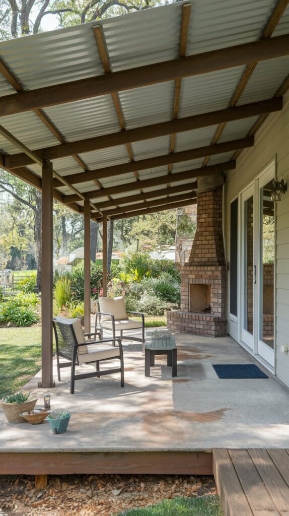 Rustic Covered Porch with Fireplace