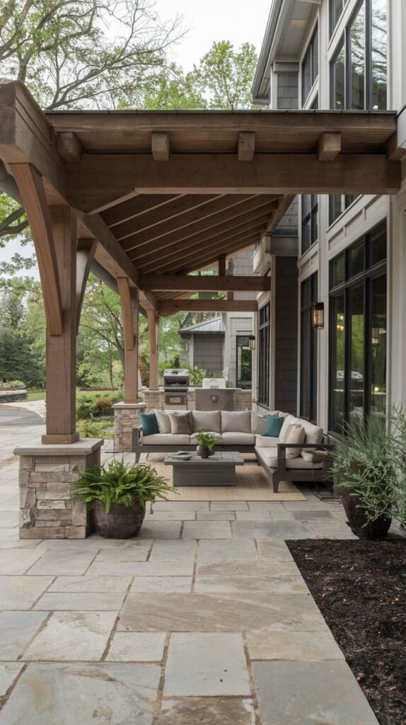 Wood Pergola with Stone Accents