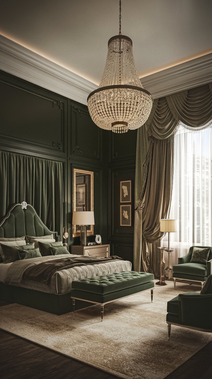 A dark green bedroom with a chandelier and a rug. The room has a high ceiling and a large window with a curtain. There is a bed, a nightstand, a lamp, and a chair in the room. The walls and the furniture are dark green, and the rug is beige.
