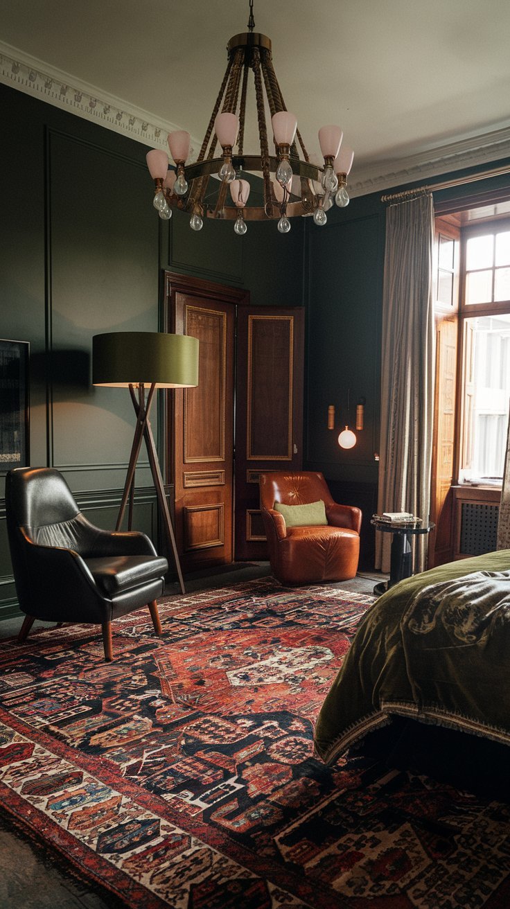 A dark green luxury bedroom with a large rug and a few pieces of furniture. There is a chandelier with multiple light bulbs hanging from the ceiling. A leather chair and a table are placed near the wall. A tall lamp with a green shade stands near the leather chair. The room has a wooden door and a window with curtains.