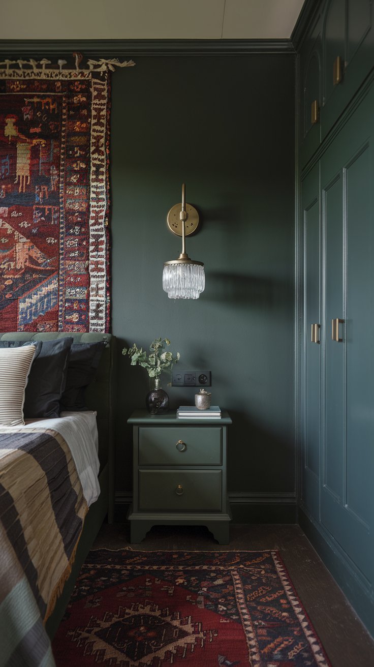 a dark green bedroom with a light fixture and a rug. The room has a medium shot of the area with a bed, a nightstand, a light fixture, and a rug. The walls are dark green, and the room has a cozy ambiance.